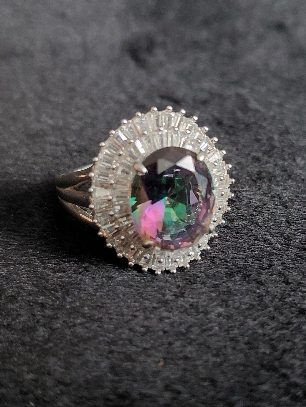 Mystic Topas Multi-Color Halo Ring with clear baguette in 925 Silver